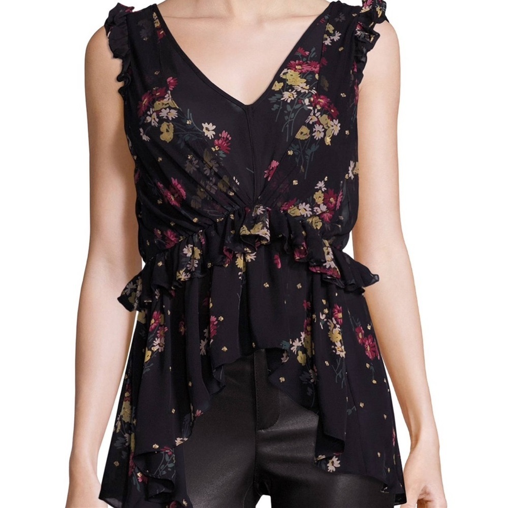 Cinq a Sept Black Floral Luna Sleeveless Ruffle Top Frayed Hem